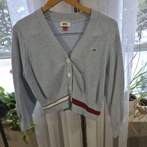 Tommy Hilfiger Women's Light Blue Cardigan with Red Stripe